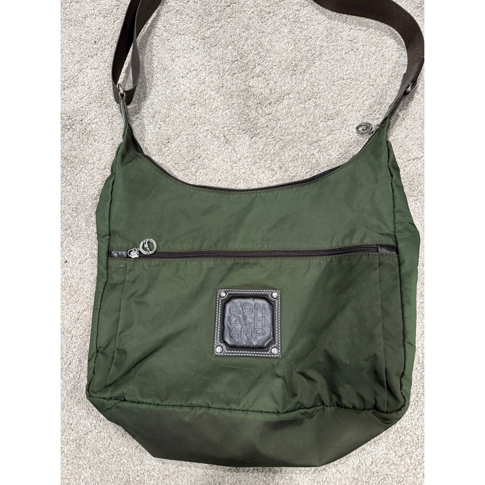 Longchamp Olive Green Nylon‎ Hobo Crossbody Bag Leather Trim Adjustable Strap